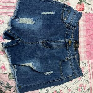 Fashion Nova Dark Blue Distressed Jean Shorts